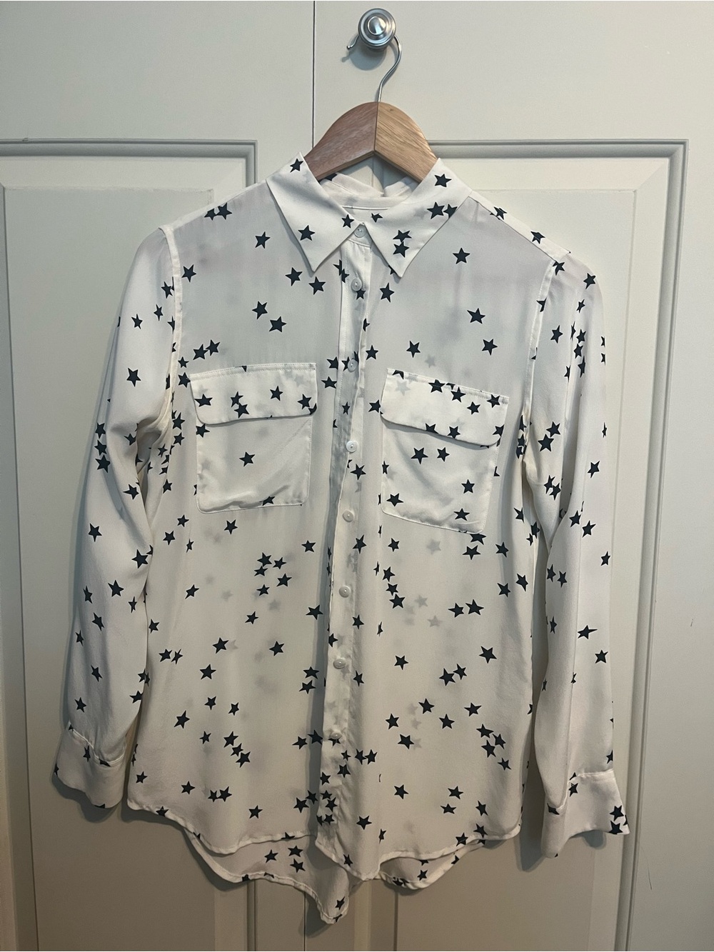 Equipment 100% Silk White Button-Down Shirt with Black Star Print